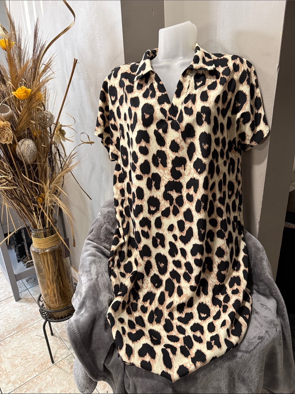 Leopard Print Midi Dress - Black & Cream